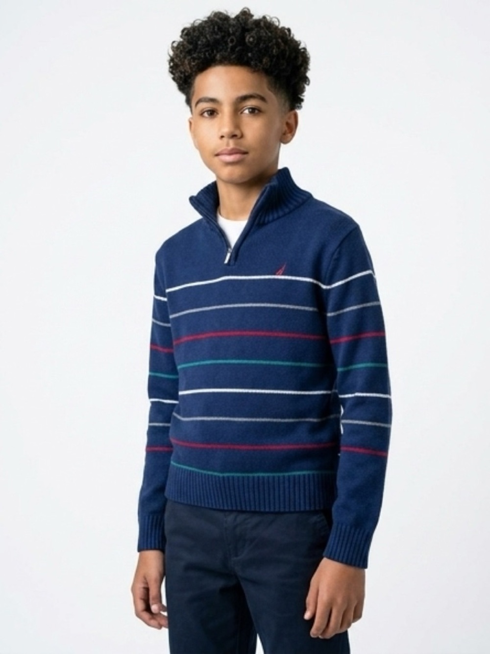 Nautica Boy’s Blue Striped Zip-Up Sweater